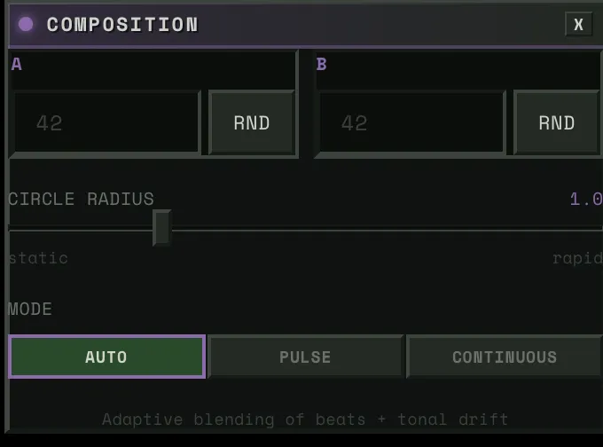 Noise composition panel — seed slots, distance slider, mode selection