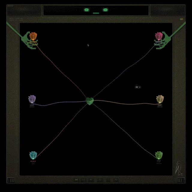 The belly — CrystalHeart, flower orbs, tendrils connecting them